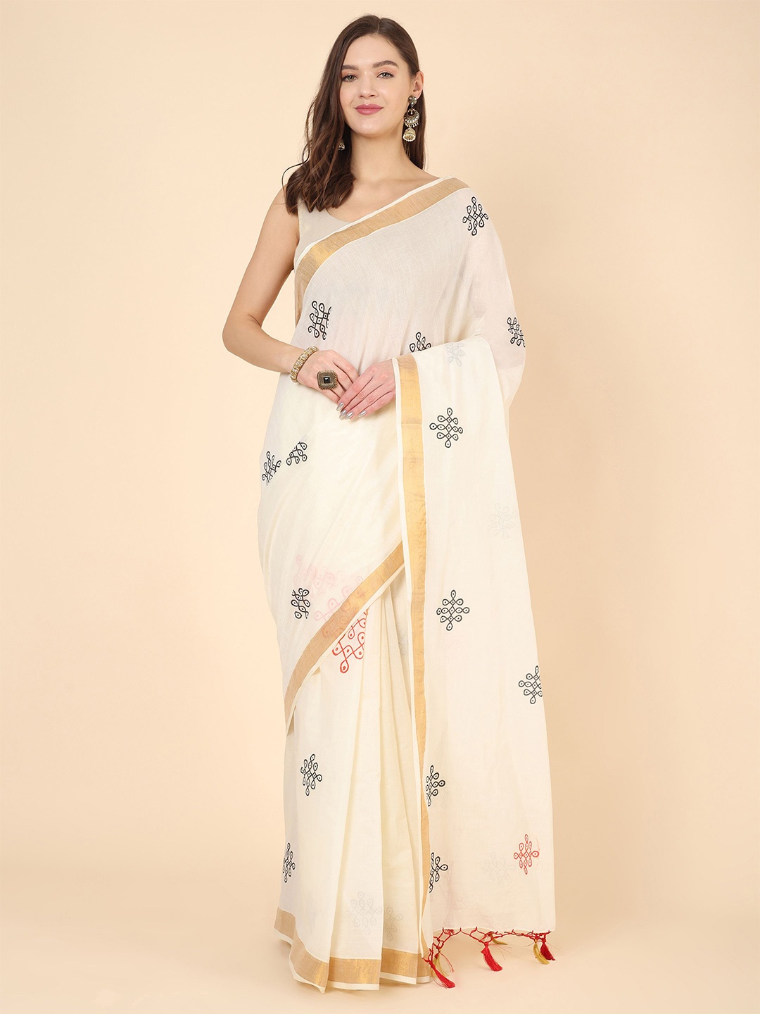 

Manvish Drapes Ethnic Motifs Zari Pure Cotton Kasavu Saree, Off white