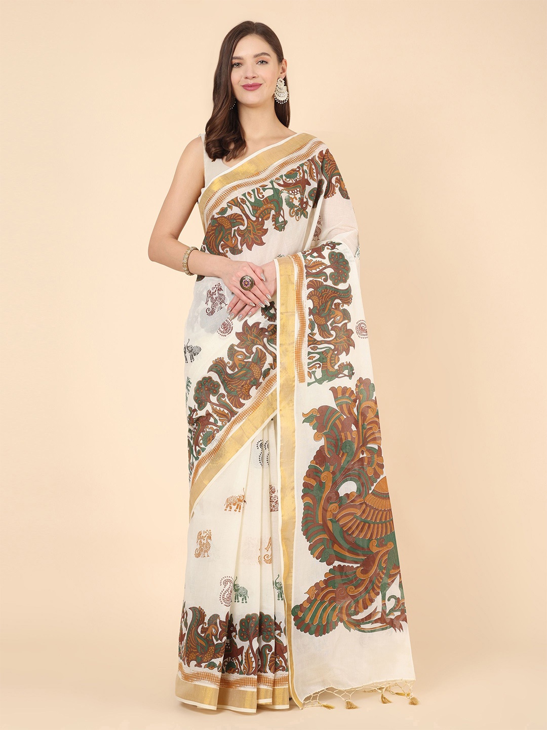 

Manvish Drapes Ethnic Motifs Zari Pure Cotton Kasavu Saree, Off white