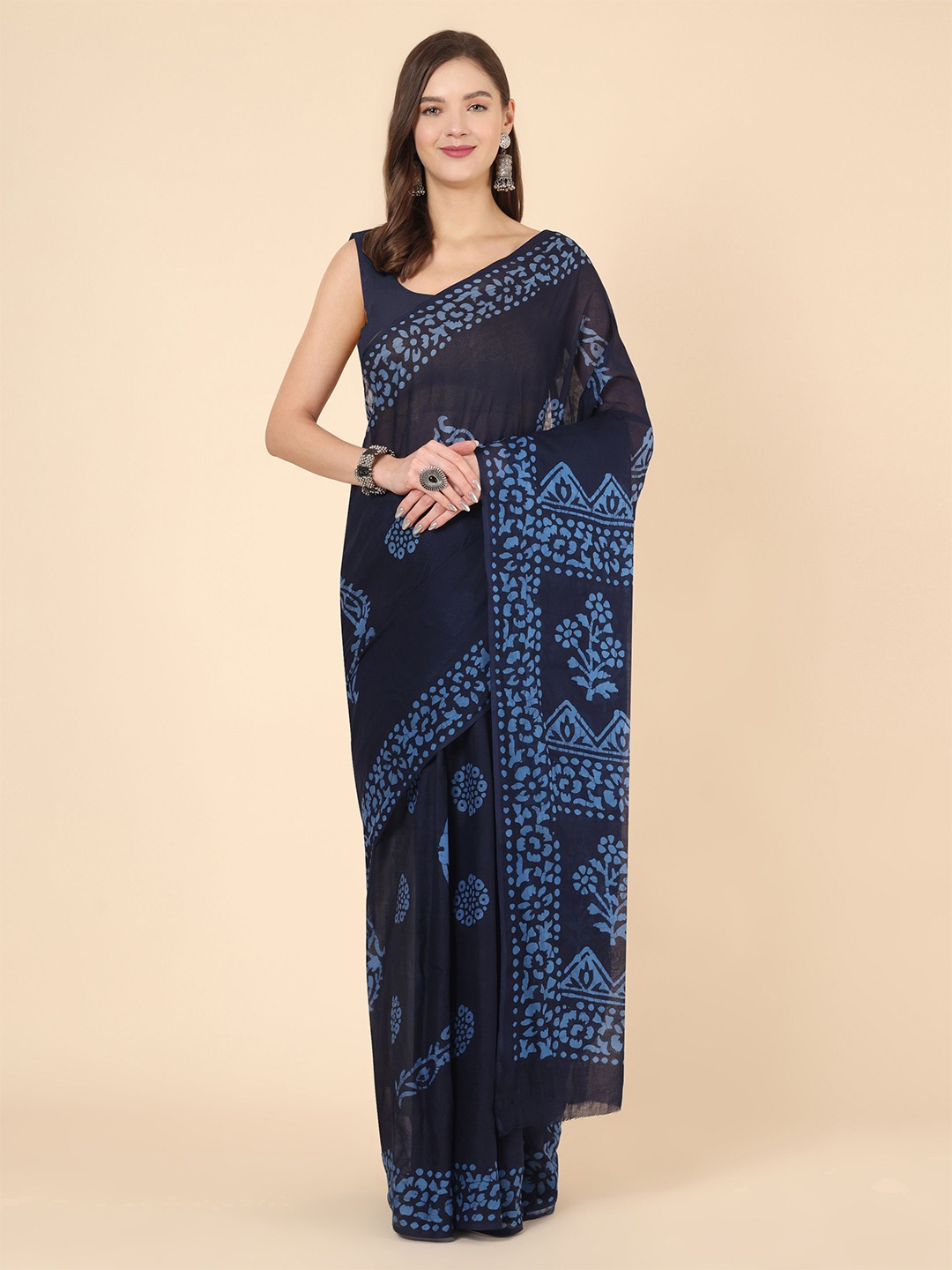 

Manvish Drapes Batik Pure Cotton Block Print Saree, Blue