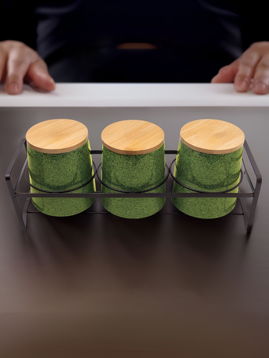 

UMAI Green & Brown 3 Pieces Ceramic Jar Container With Bamboo lid & Iron Stand