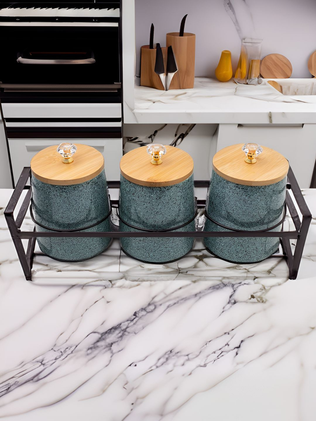 

UMAI Grey 3 Pieces Ceramic Dishwasher Safe Jars With Bamboo Lid & Stand