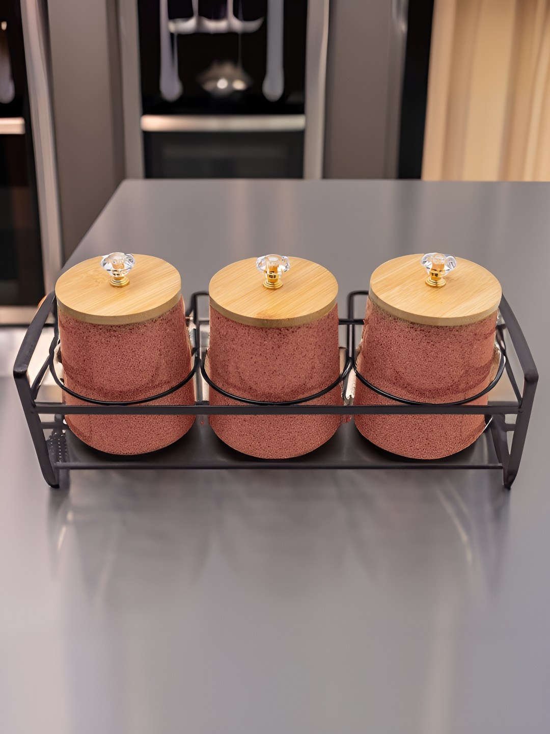 

UMAI Orange & Brown 3 Pieces Ceramic Jar Container With Bamboo lid & Iron Stand