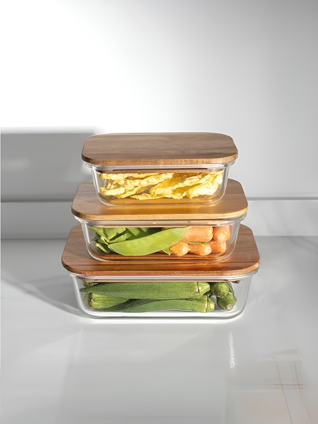 

UMAI Transparent & Brown 3 Pieces Glass Microwave Safe Containers With Wooden Lid