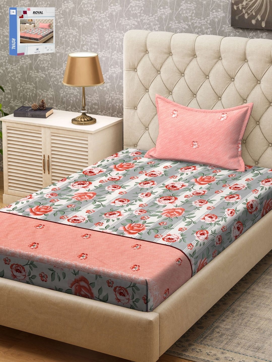 

KLOTTHE Pink & Grey Floral Printed 300TC Single Bedsheet & 1 Pillow Cover