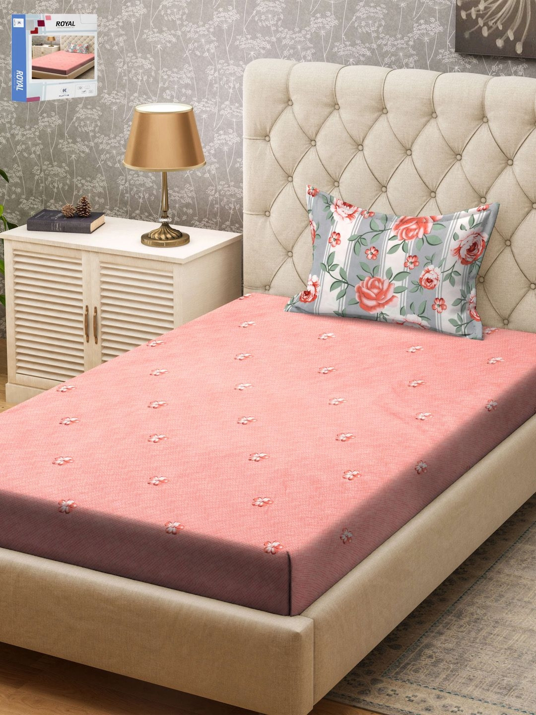 

KLOTTHE Pink & Grey Floral Printed 300TC Single Bedsheet & Pillow Cover