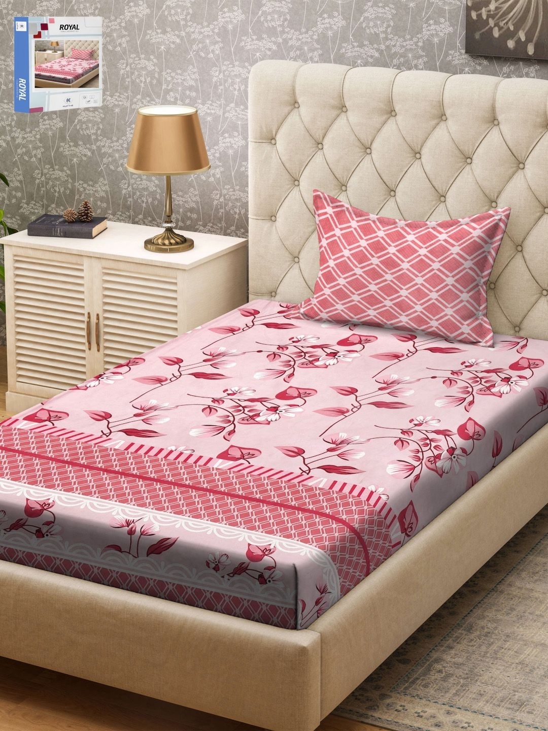 

KLOTTHE Red & Pink Floral Printed 300TC Single Bedsheet & Pillow Cover
