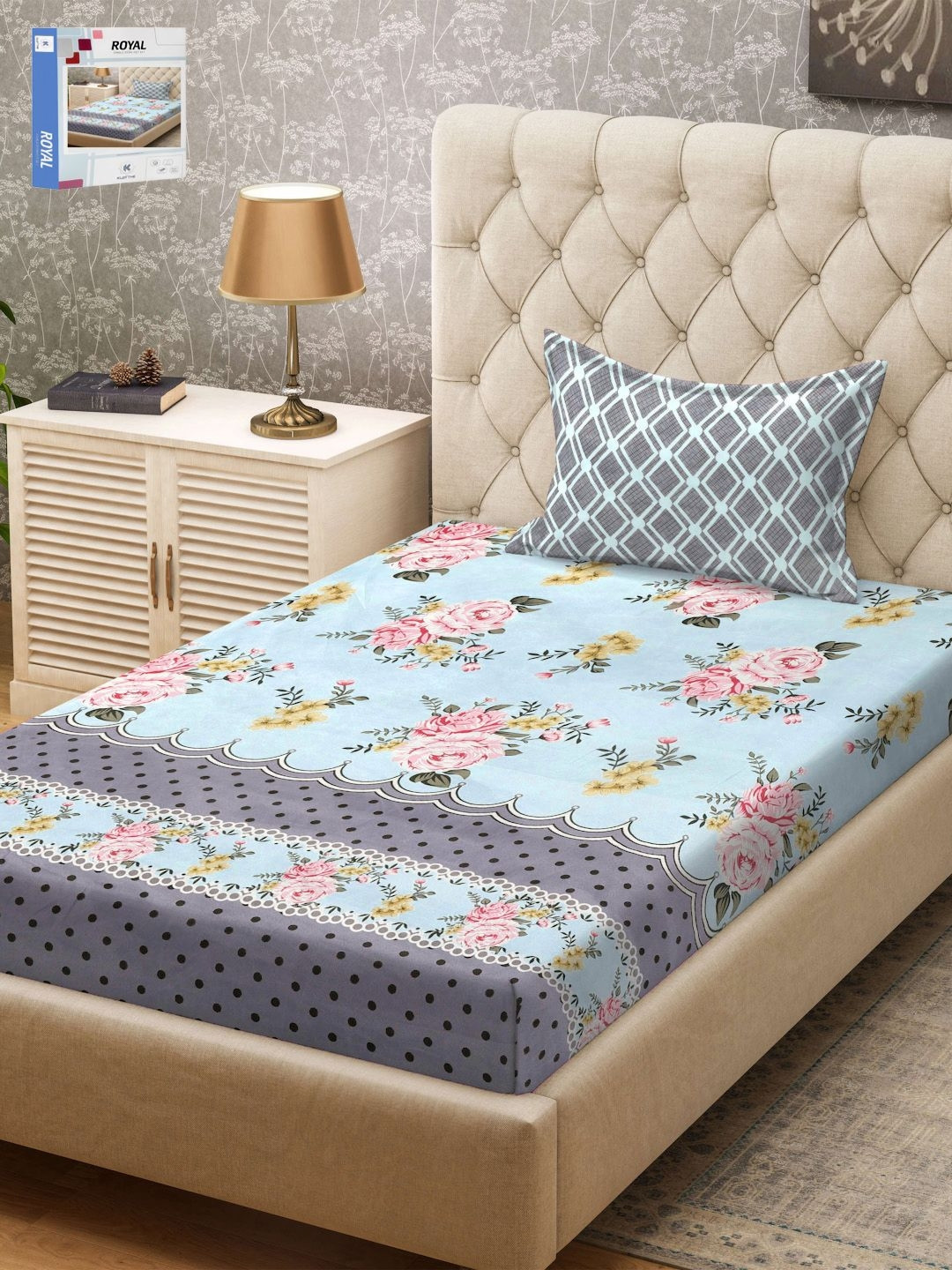 

KLOTTHE Blue & Pink Floral Printed 300TC Single Bedsheet & Pillow Cover