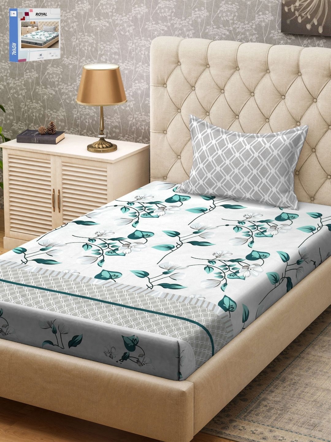 

KLOTTHE Grey & Green Floral Printed 300TC Single Bedsheet & Pillow Cover