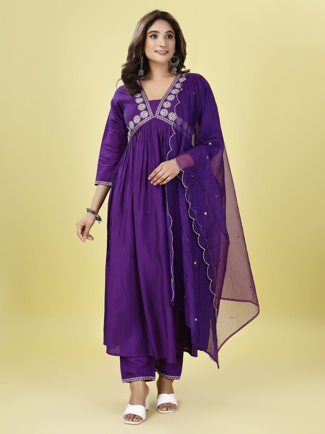 

DP Art Ethnic Motifs Embroidered A-Line Kurta With Trouser & Dupatta, Purple