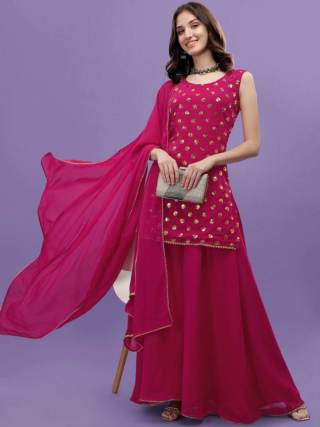 

Ethnic Yard Geometric Embroidered Sequinned Straight Kurta with Sharara & Dupatta, Pink