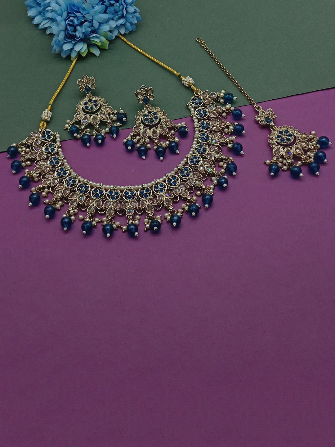 

AASHISH IMITATION American Diamond Studded & Beaded Jewellery Set, Gold