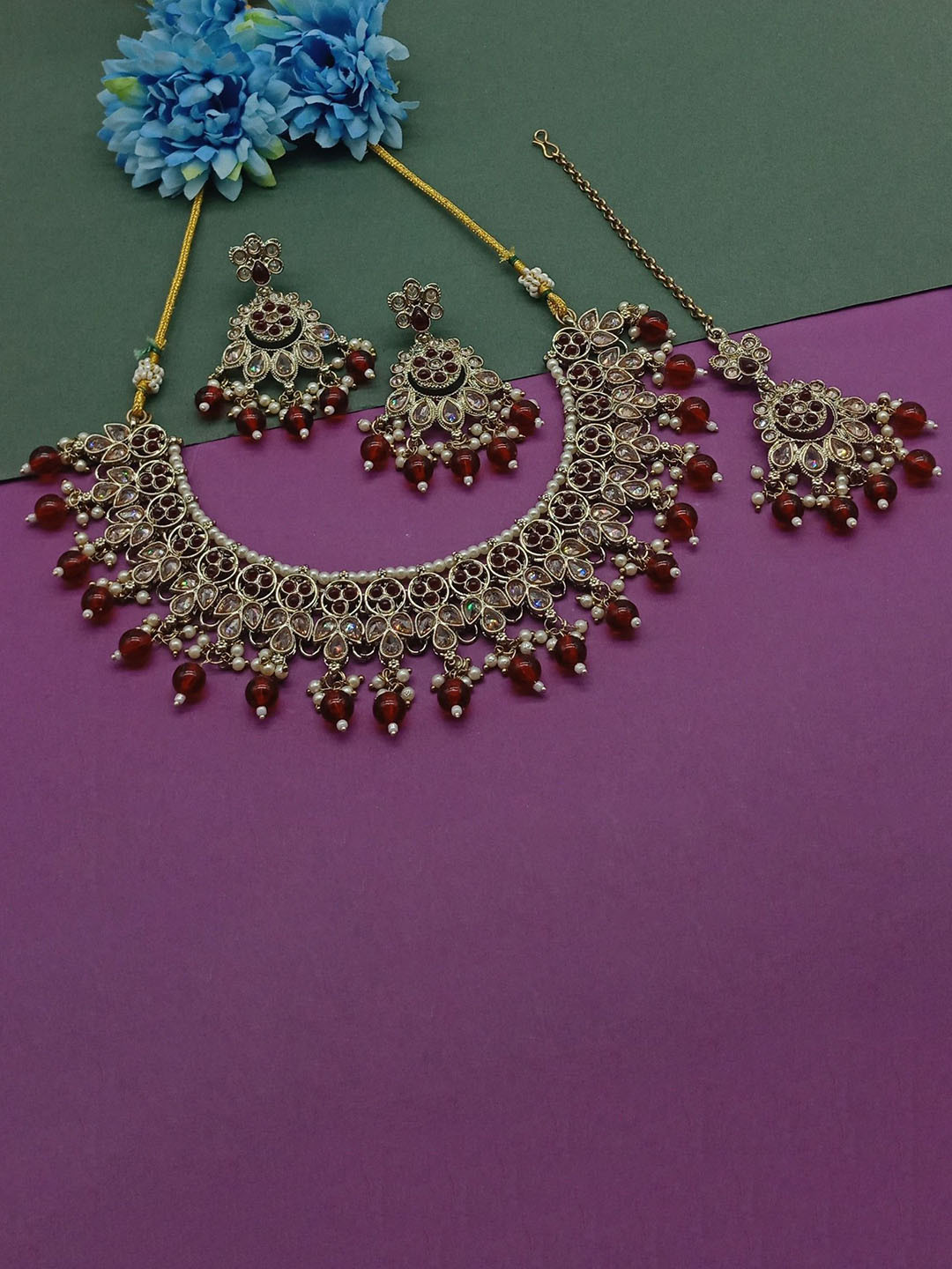 

AASHISH IMITATION American Diamond Studded & Beaded Jewellery Set, Gold
