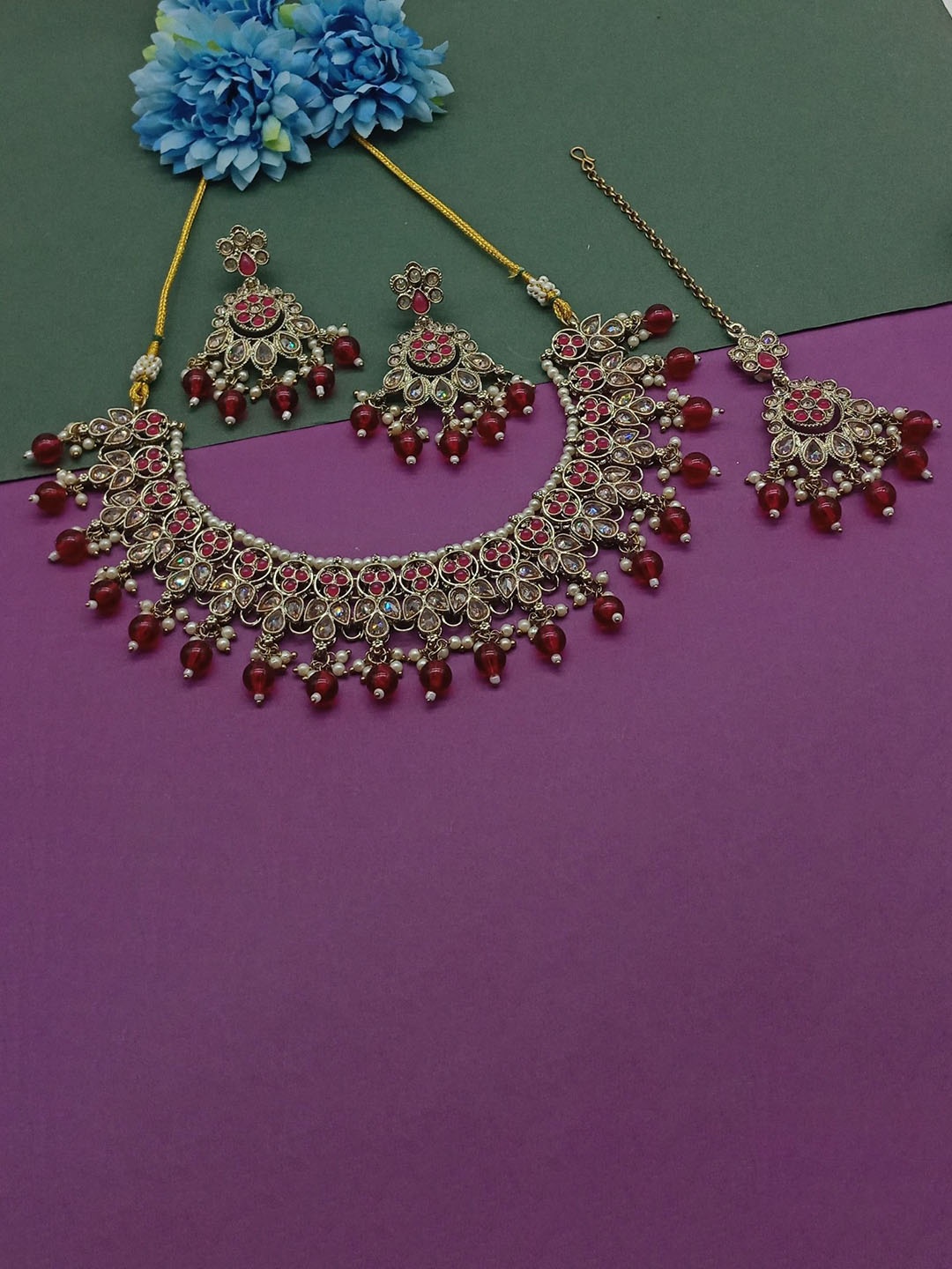 

AASHISH IMITATION American Diamond Studded & Beaded Jewellery Set, Gold