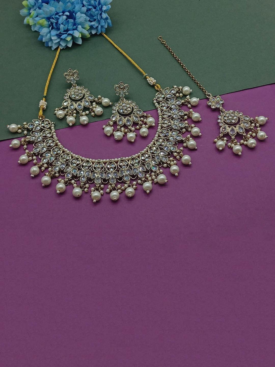 

AASHISH IMITATION American Diamond Studded & Beaded Jewellery Set, Gold