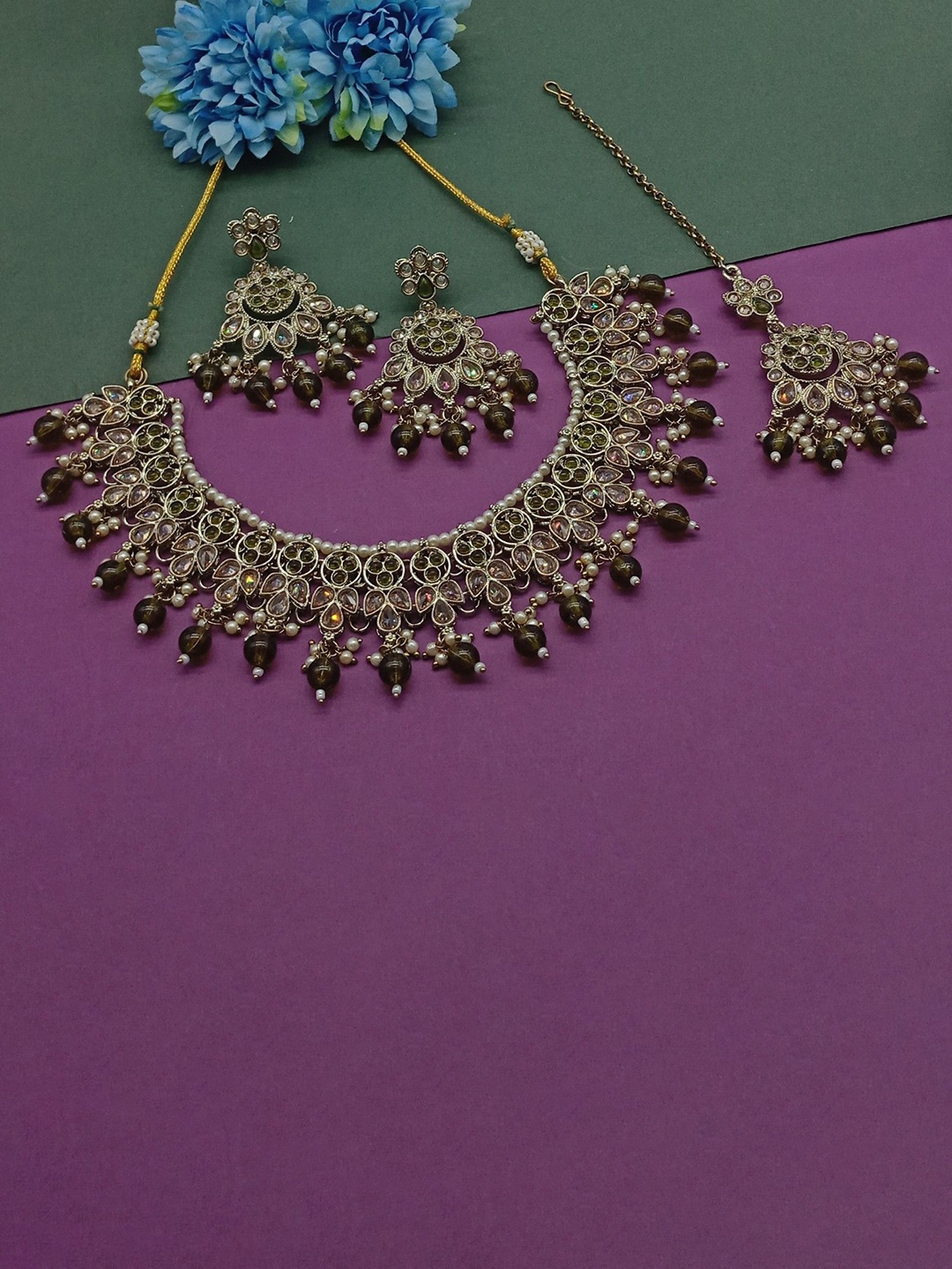 

AASHISH IMITATION American Diamond Studded & Beaded Jewellery Set, Gold