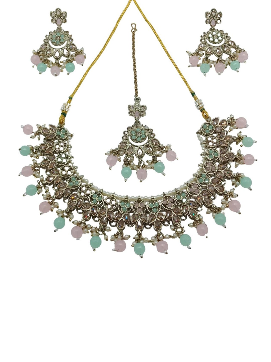 

AASHISH IMITATION American Diamond Studded & Beaded Jewellery Set, Gold