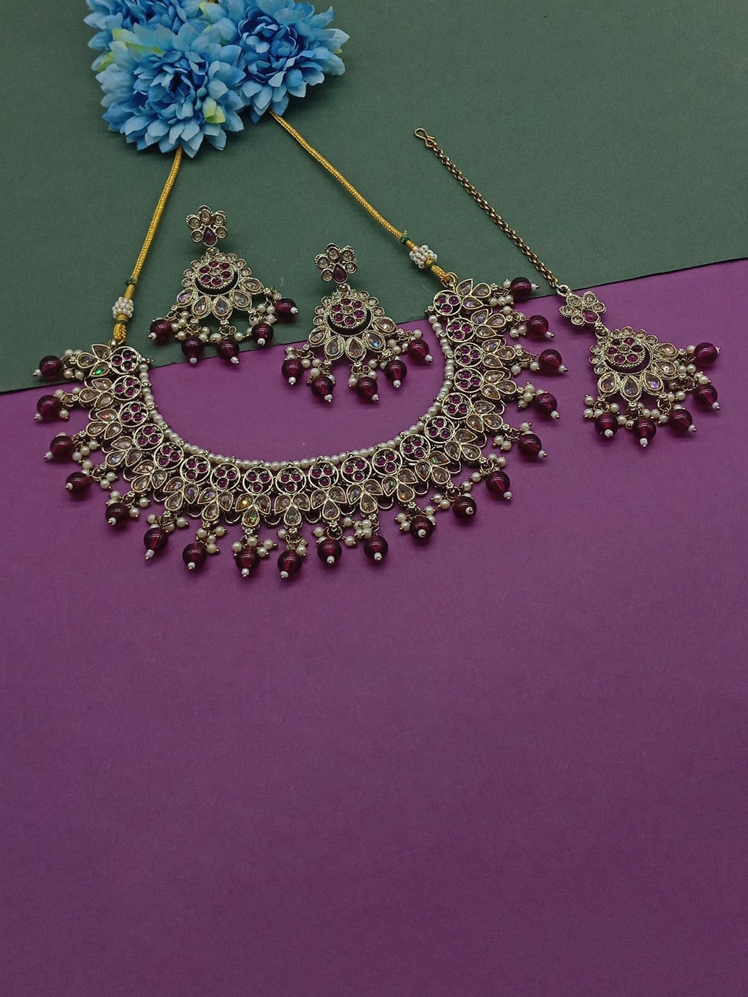 

AASHISH IMITATION American Diamond Studded & Beaded Jewellery Set, Gold