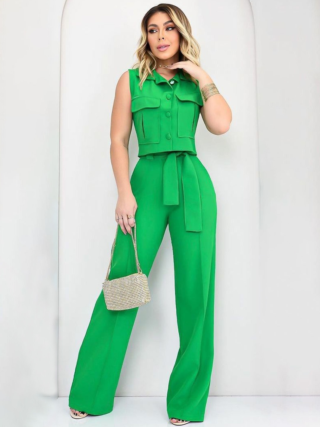 

MIAKEE Shirt Neck Top With Palazzos Co-Ords, Green