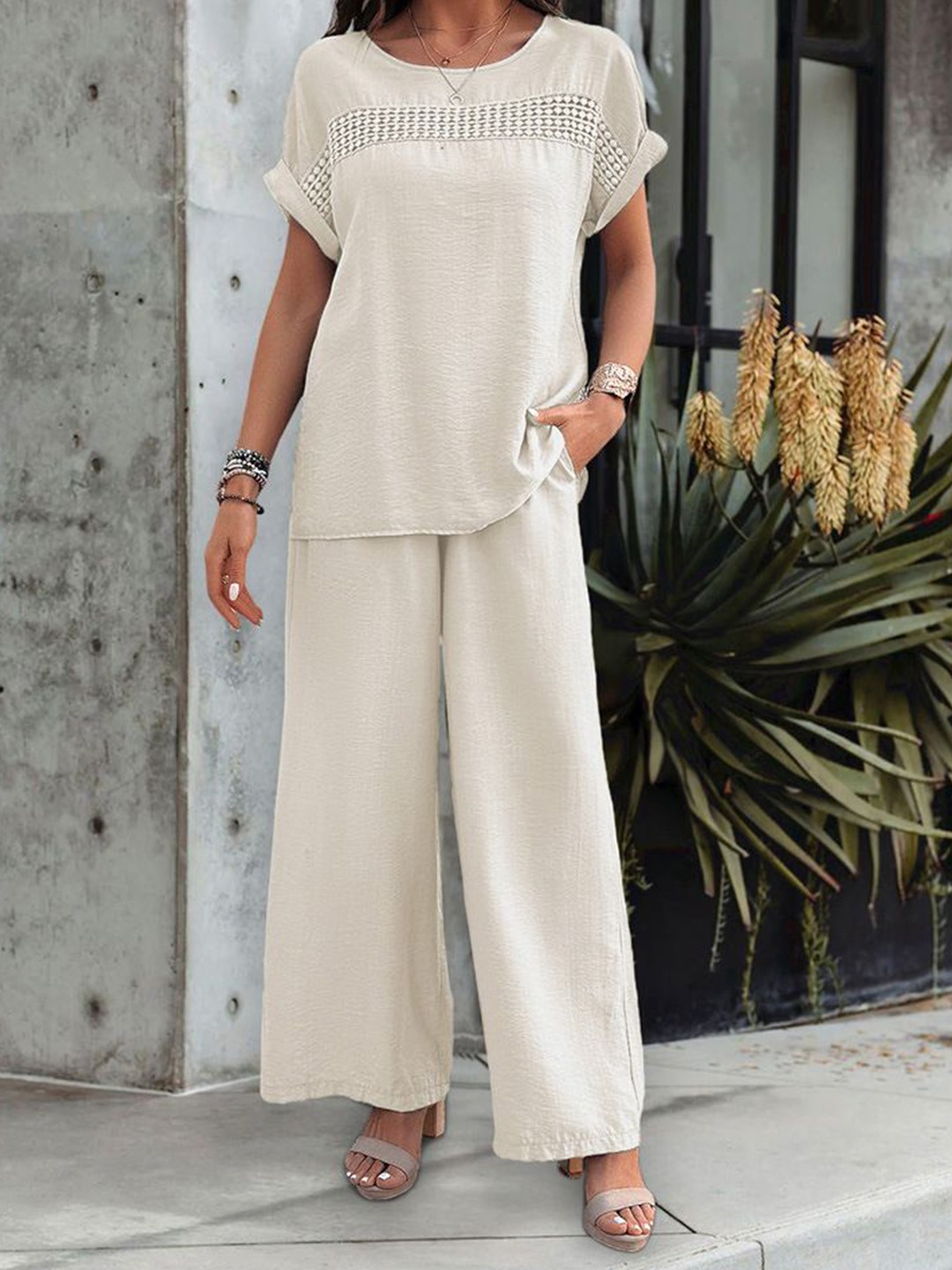 

MIAKEE Beat The Heat Round Neck Top With Trousers Co Ords, Cream