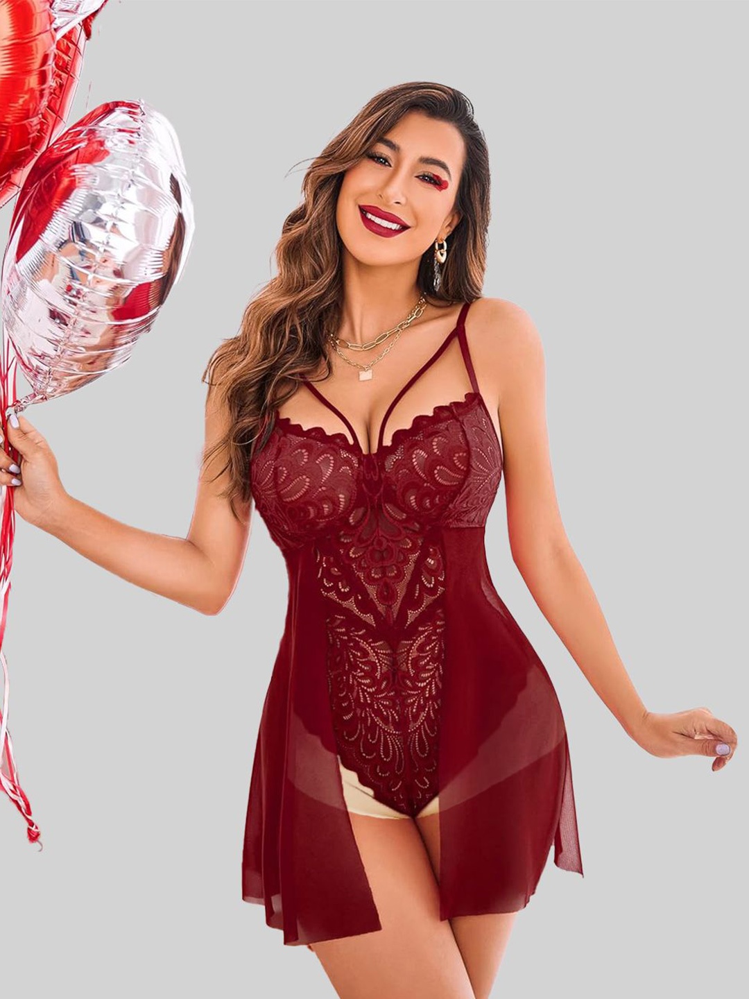

VAGHBHATT Net Baby Doll with High-Low, Maroon