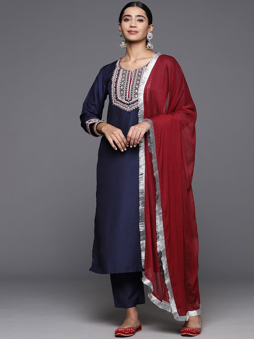 

Varanga Floral Yoke Design Thread Work Straight Kurta with Trousers & Dupatta, Navy blue