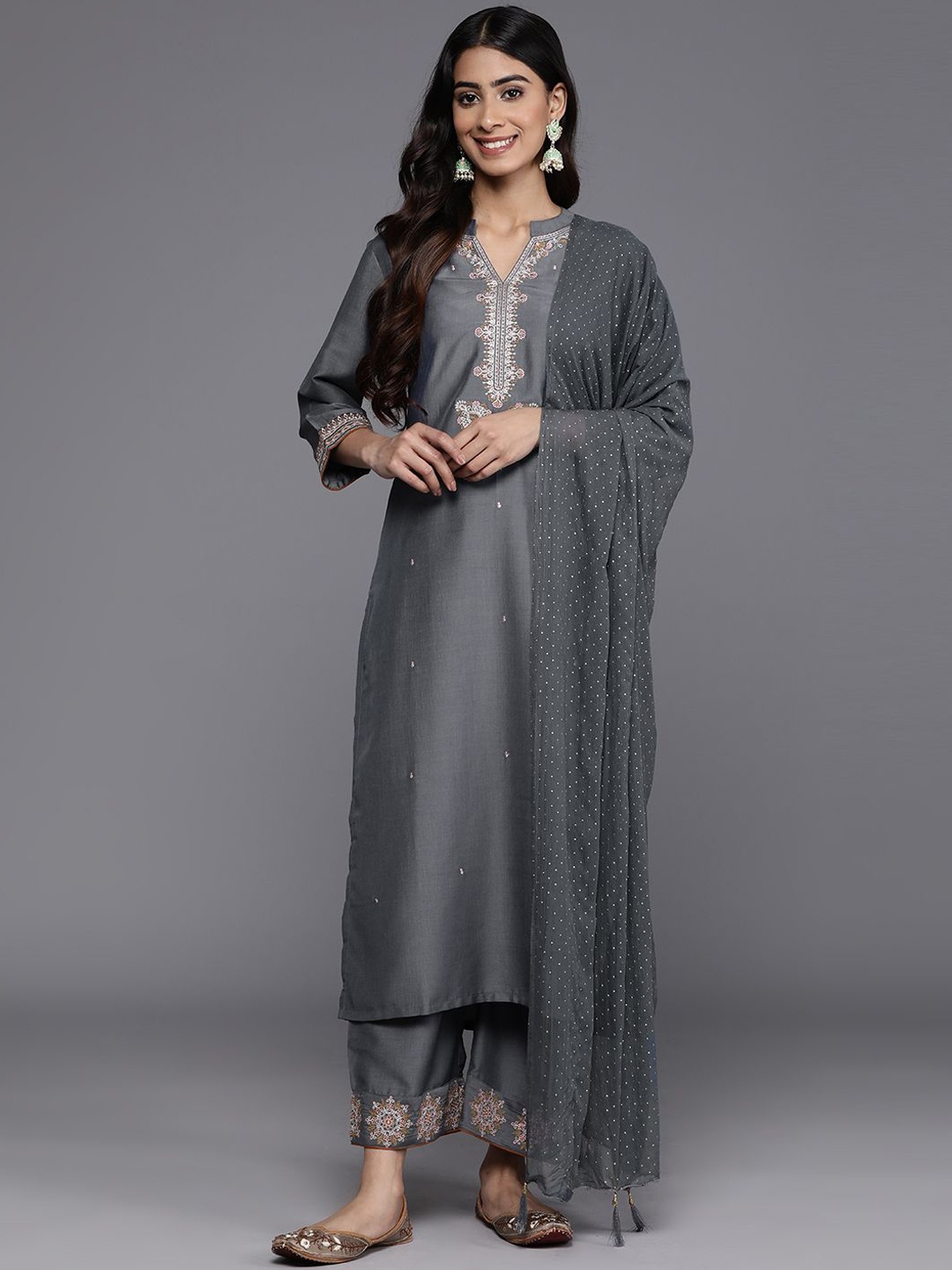 

Varanga Floral Embroidered Mandarin Collar Straight Kurta with Trousers & Dupatta, Grey