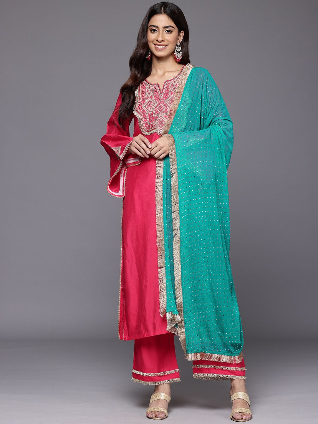 

Varanga Geometric Embroidered Mirror Work Straight Kurta with Palazzo & Dupatta, Fuchsia