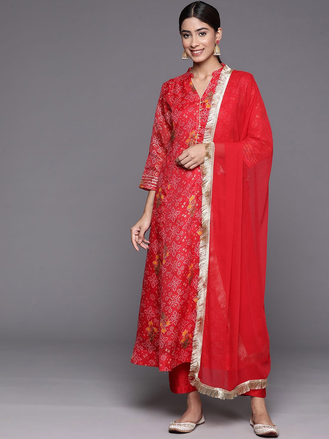 

Varanga Bandhani Printed Mandarin Collar A-Line Kurta With Trousers & Dupatta, Red