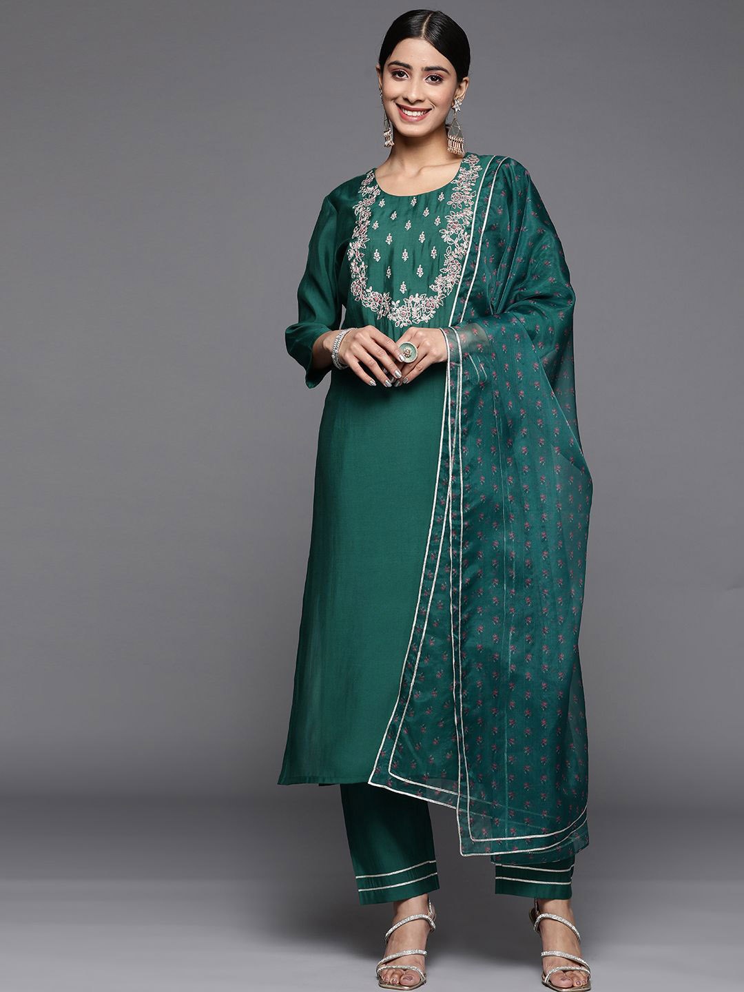 

Varanga Floral Yoke Design Thread Work Straight Kurta With Trousers & Dupatta, Teal