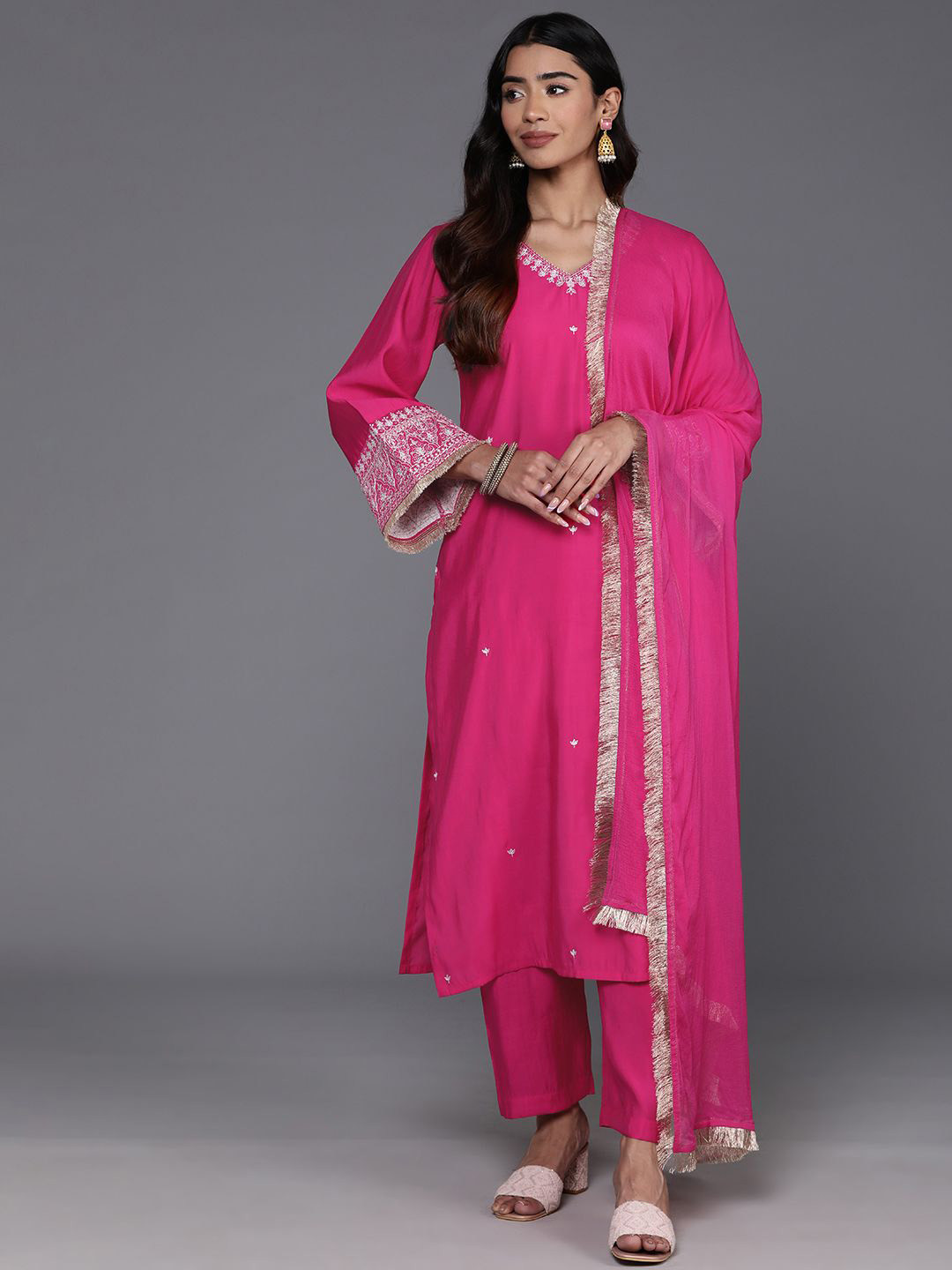 

Varanga Floral Embroidered V-Neck Flared Sleeves Straight Kurta With Trousers & Dupatta, Pink