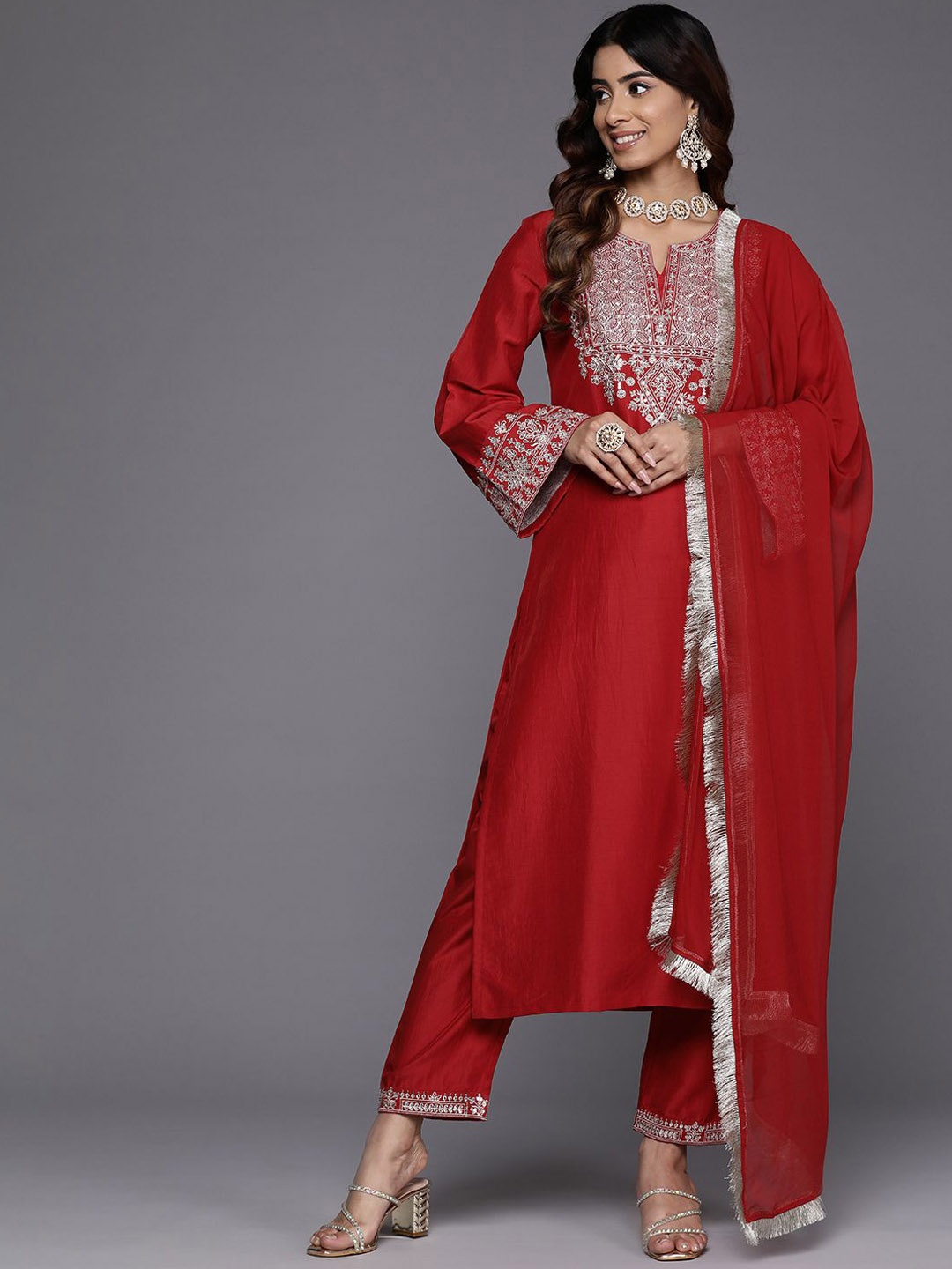 

Varanga Ethnic Motifs Yoke Design Flared Sleeves Straight Kurta With Trousers & Dupatta, Red