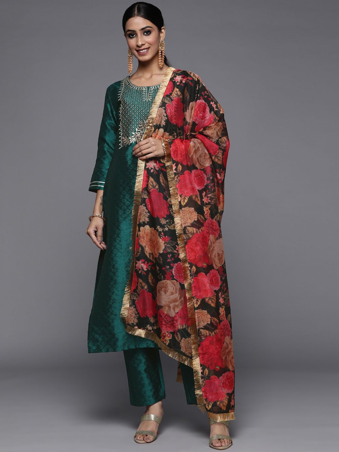

Varanga Ethnic Motifs Embroidered Gotta Patti Straight Kurta & Trousers With Dupatta, Blue
