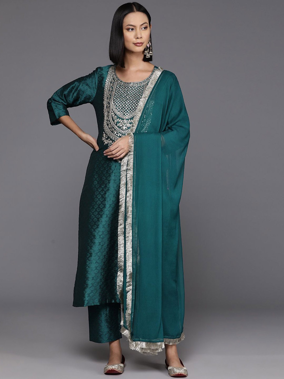 

Varanga Yoke Design Sequinned Straight Kurta & Trousers With Dupatta, Teal