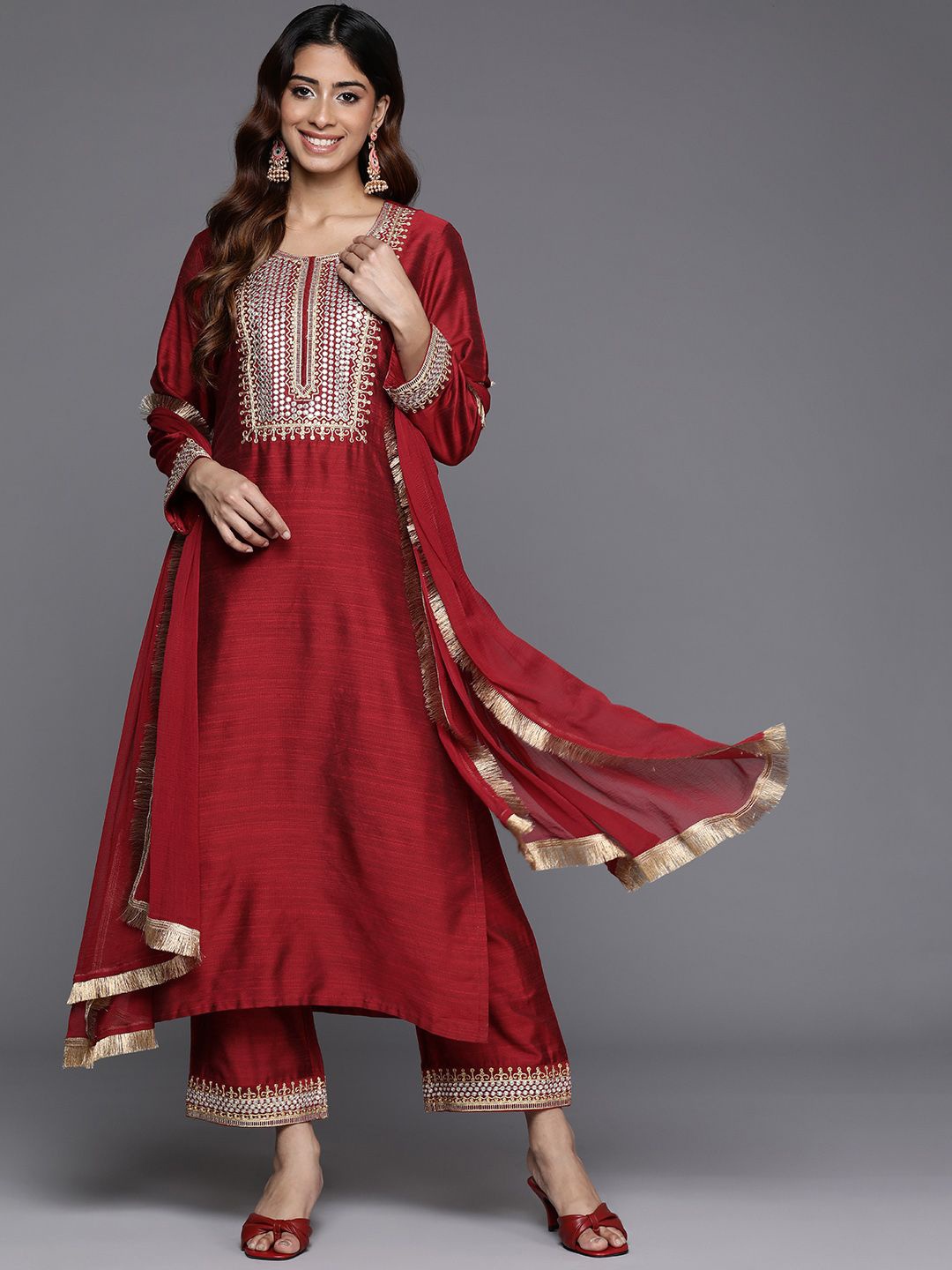 

Varanga Embroidered Straight Kurta & Trousers With Dupatta, Red