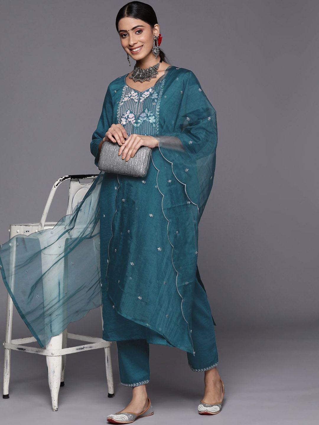 

Varanga Ethnic Zari Embroidered Sequence Embellished Kurta with Trouser & Dupatta, Blue