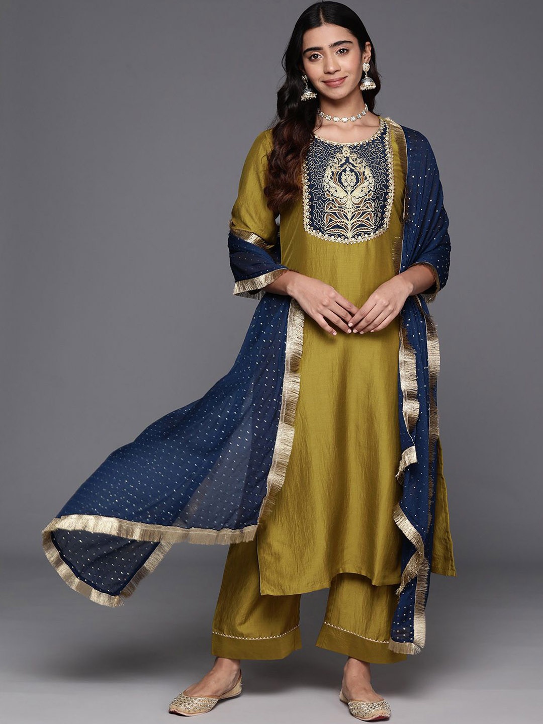 

Varanga Ethnic Zari Embroidered Yoke Kurta & Trousers With Dupatta, Mustard