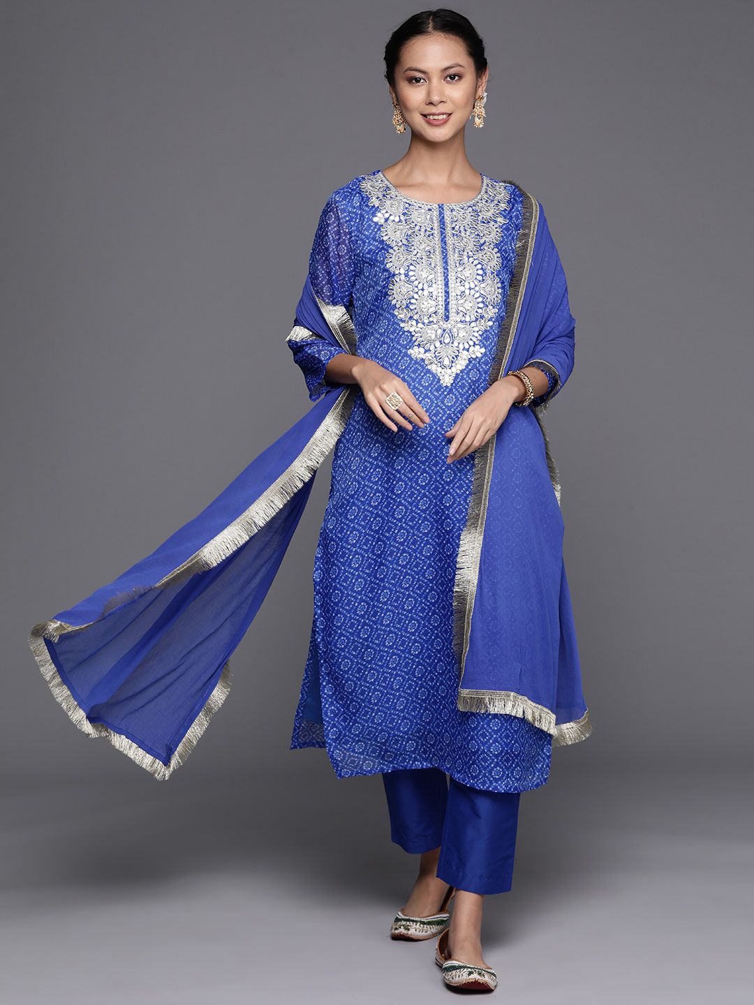 

Varanga Bandhani Printed Gotta Patti & Zari Embroidered Kurta & Trousers With Dupatta, Blue