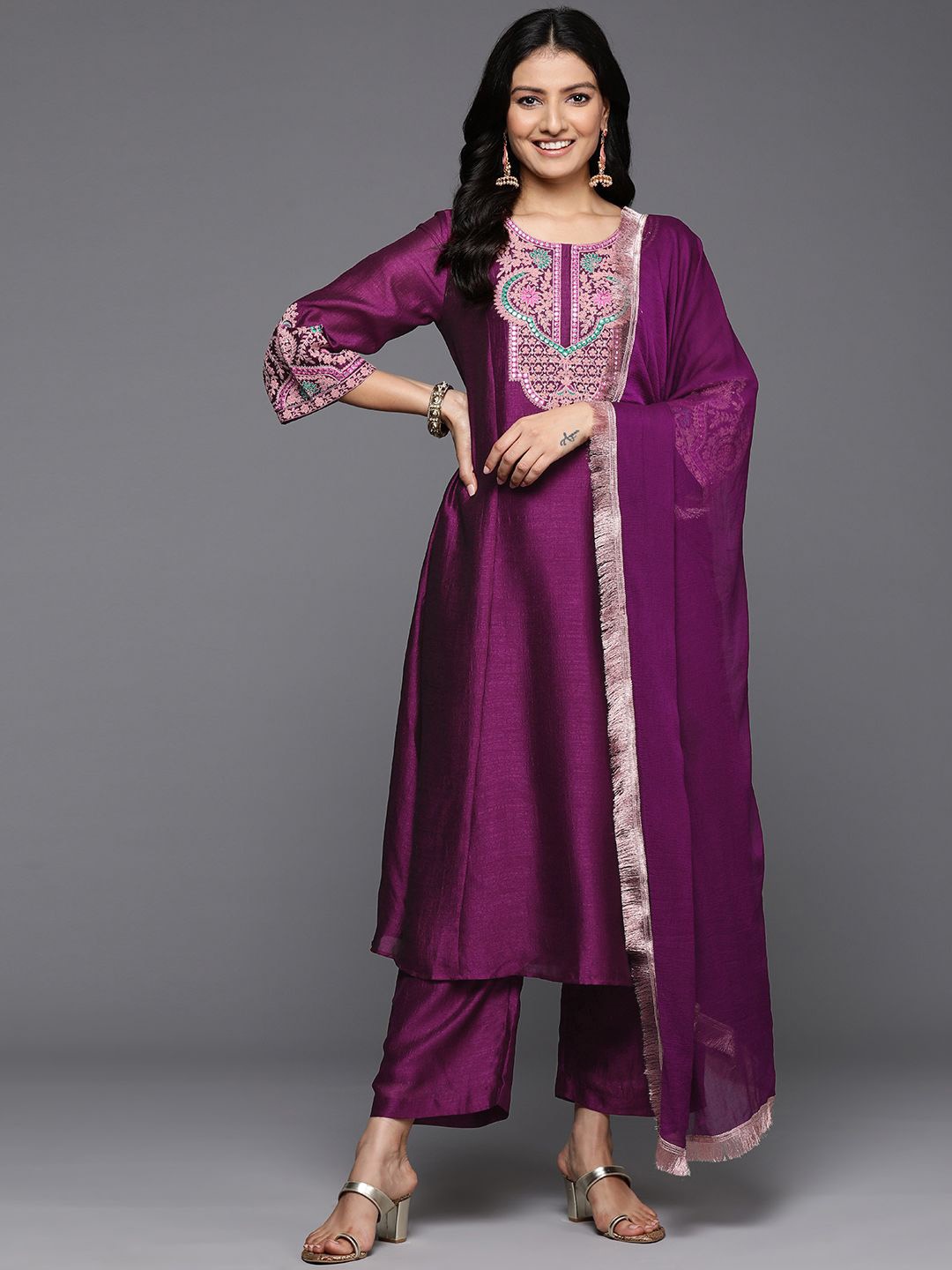 

Varanga Thread & Zari Embroidered A-Line Kurta & Trousers With Dupatta, Purple
