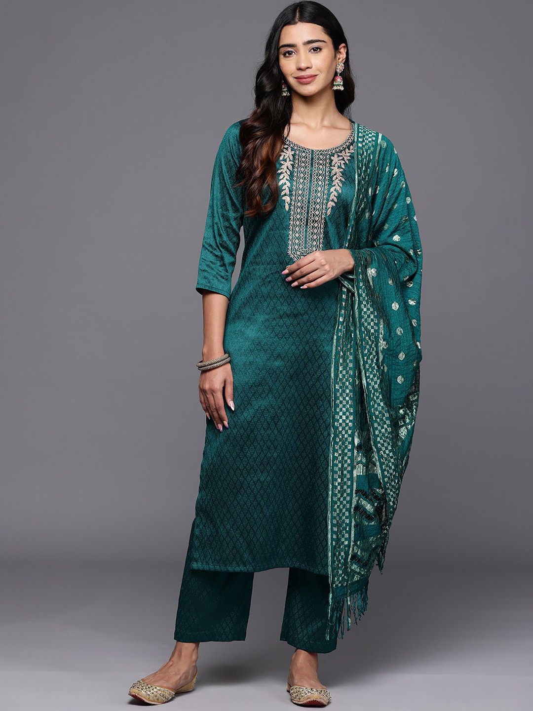 

Varanga Ethnic Motifs Zari Embroidered Yoke Kurta & Trousers With Dupatta, Turquoise blue