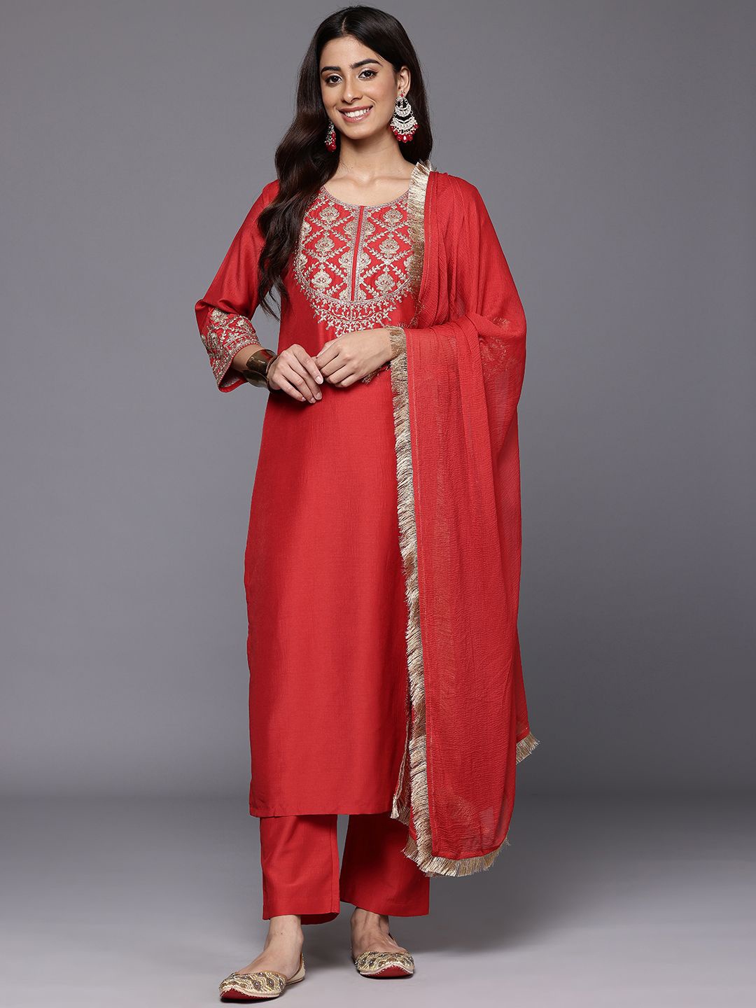 

Varanga Ethnic Motifs Zari Embroidered Sequinned Yoke Kurta & trouser With Dupatta, Red