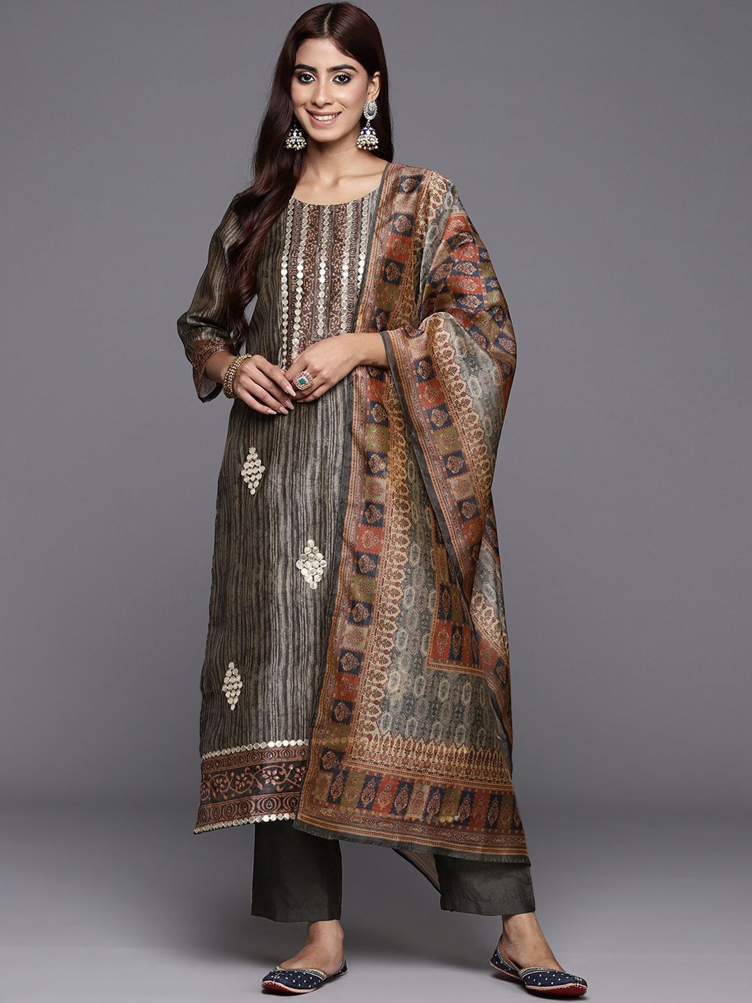 

Varanga Ethnic Motifs Printed Chanderi Silk Gotta Patti Work Kurta & Trousers With Dupatta, Olive