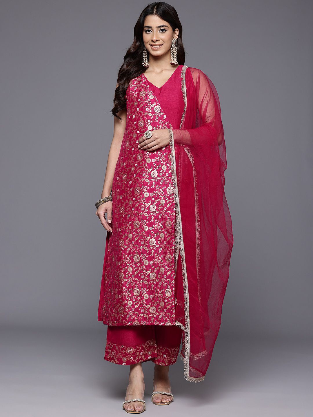 

Varanga Floral Brocade Design Straight Kurta & Trousers With Dupatta, Pink
