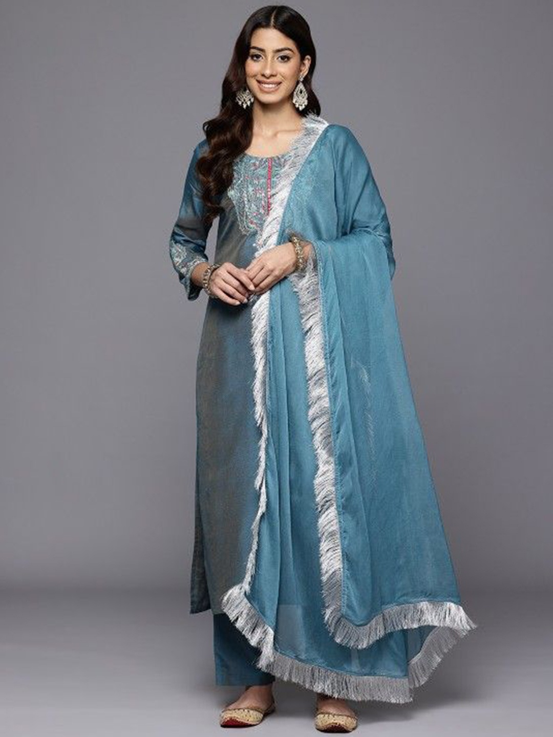 

Varanga Floral Yoke Design Sequinned Kurta with Trousers & Dupatta, Teal