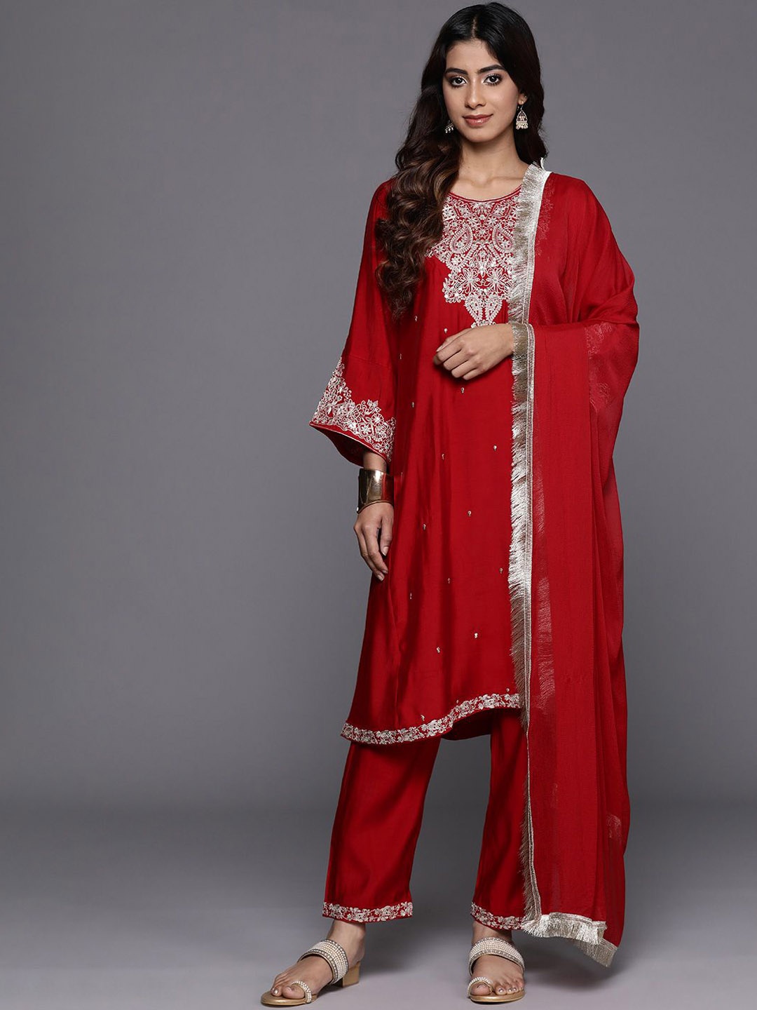 

Varanga Floral Embroidered Sequinned A-Line Kurta with Trousers with Dupatta, Red