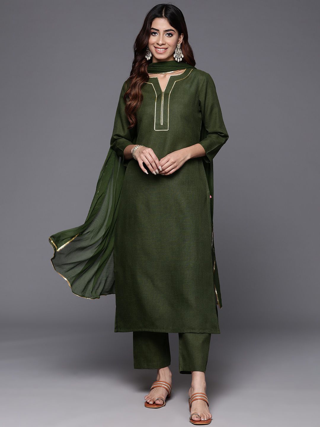 

Varanga Notch Neck Gotta Patti Straight Kurta With Trousers & Dupatta, Olive