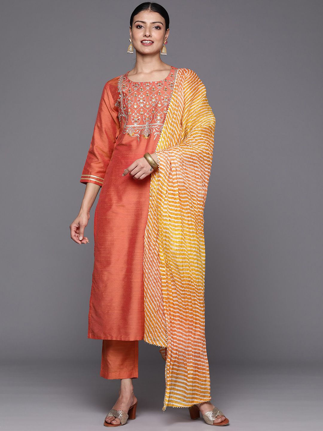 

Varanga Ethnic Motifs Zari Embroidered Sequinned Yoke Design Kurta With Trousers & Dupatta, Coral
