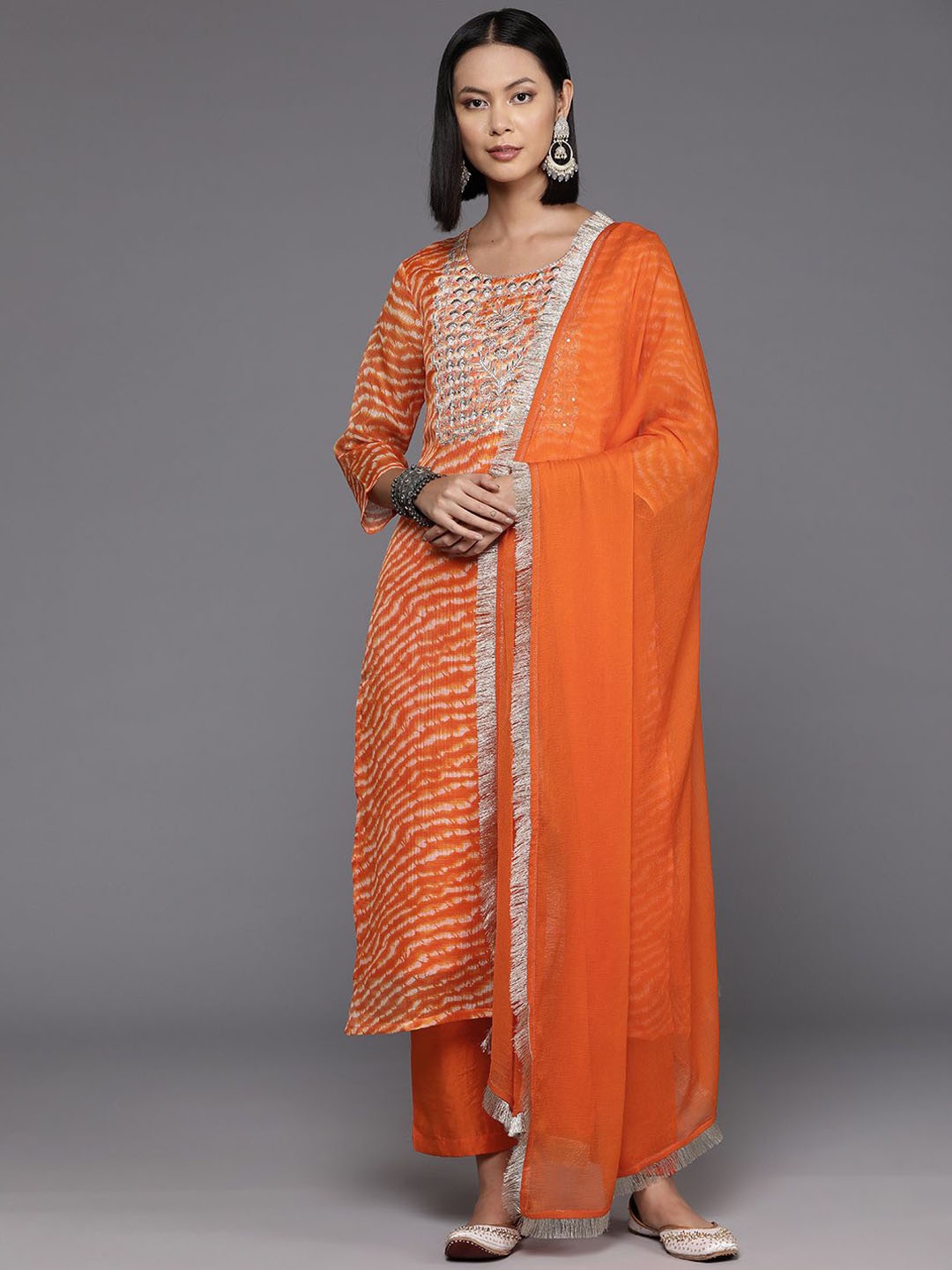 

Varanga Leheriya Printed Zari Embroidered Sequinned Kurta With Trousers & Dupatta, Orange