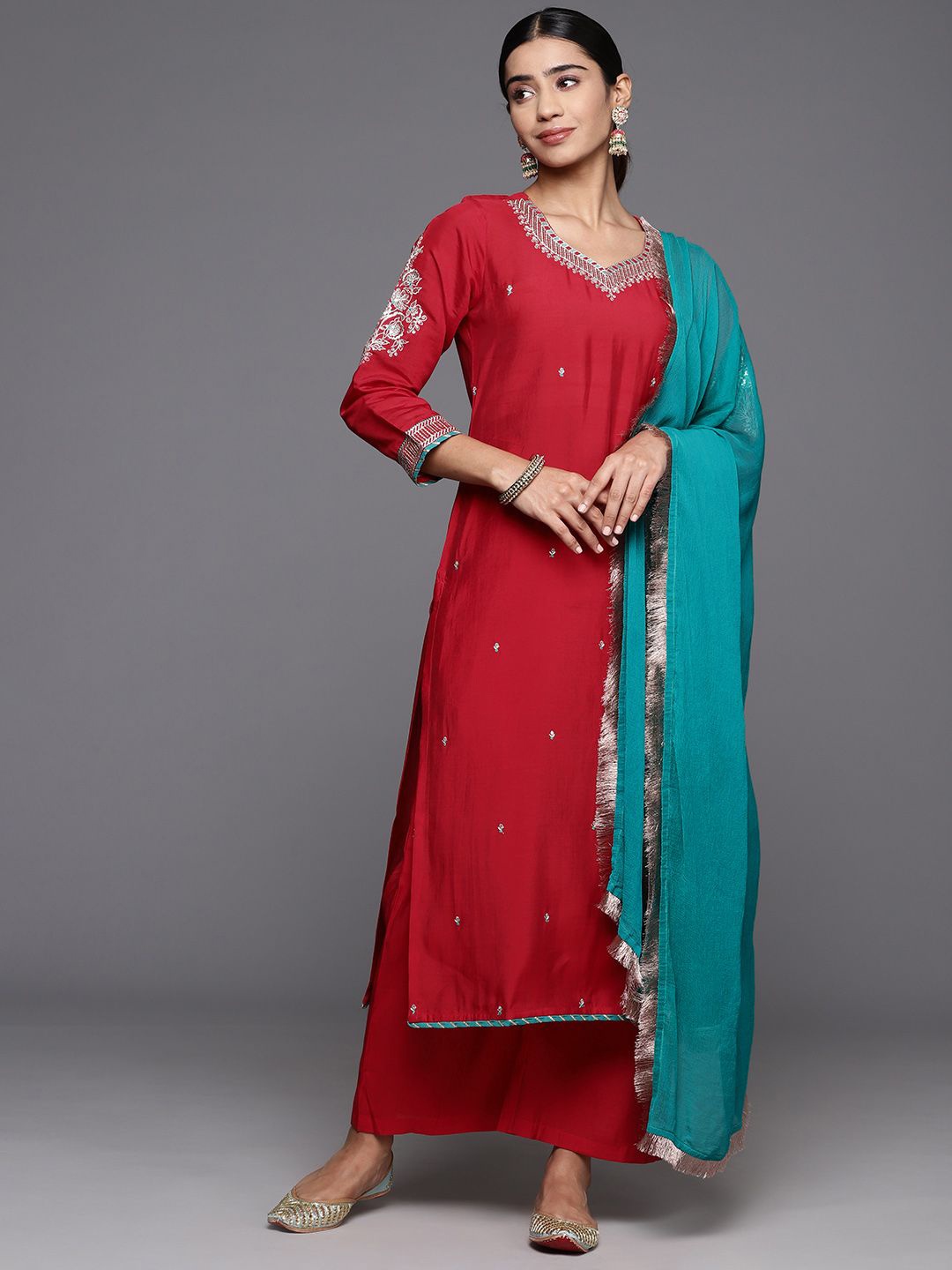 

Varanga Floral Embroidered V-Neck Thread Work Straight Kurta With Palazzos & Dupatta, Red