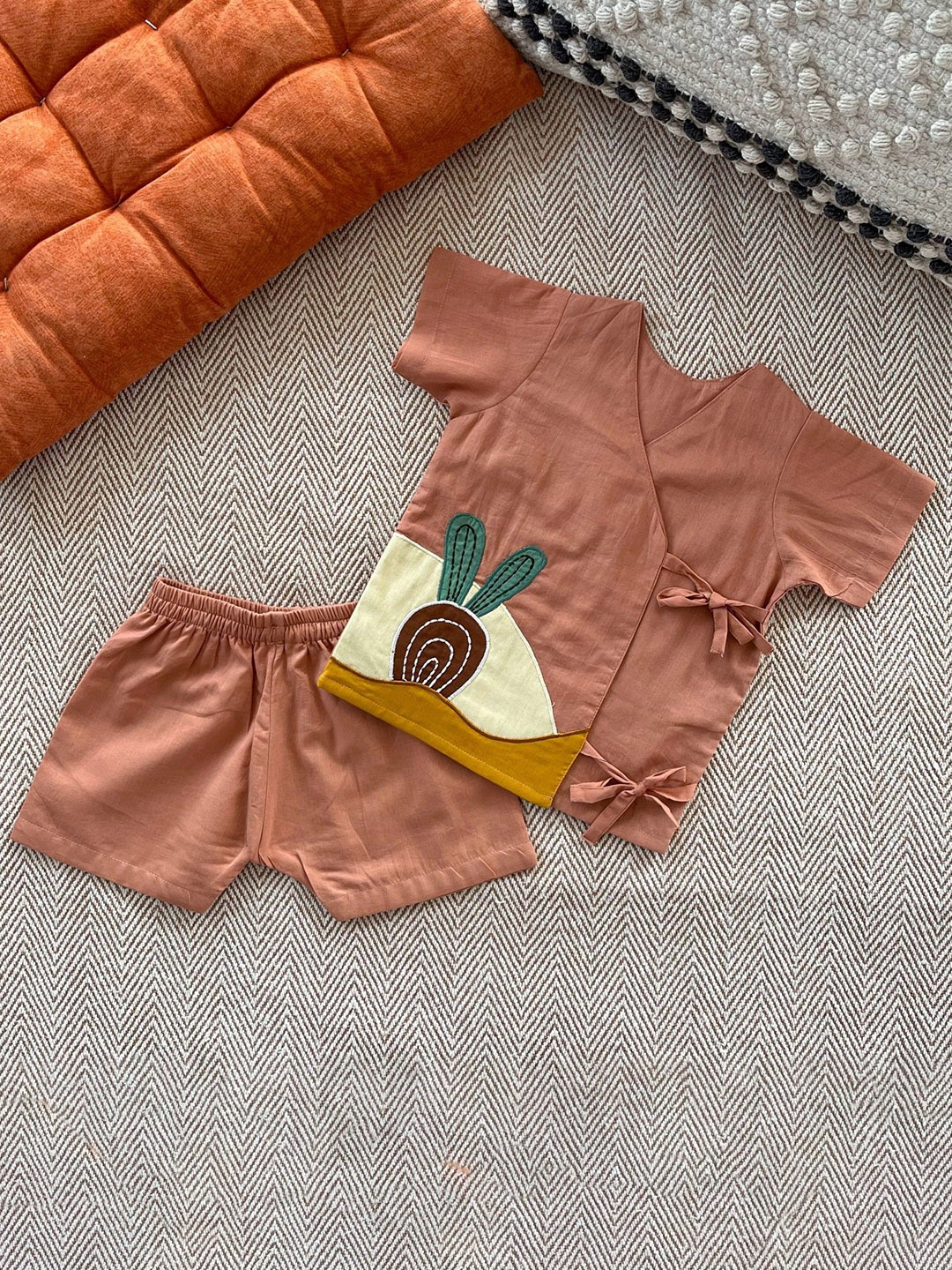 

Bhaakur Beetroot Cake Kids Embroidered Pure Cotton Shirt with Shorts, Orange