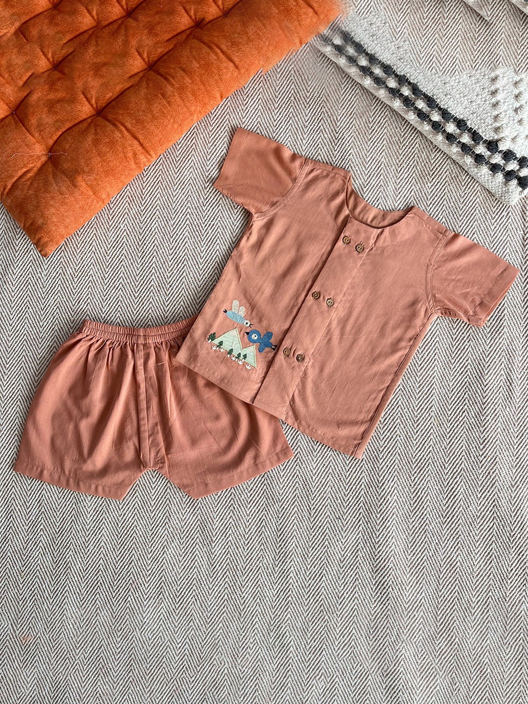 

Bhaakur Birds in the Sky Kids Embroidered Pure Cotton Shirt with Shorts, Brown